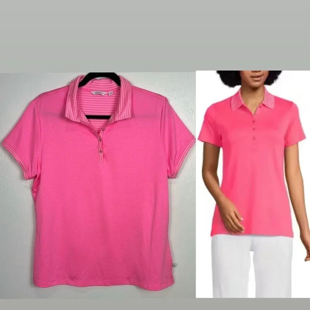 Lady Hagen Pink Polka Dot Contrast Collar Short Sleeves Polo Shirt Size XL